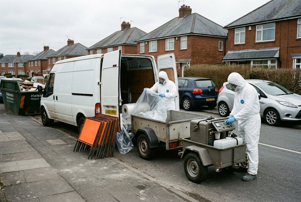 Operative in a protective suit preparing a decontamination unit and waste sheeting beside a van