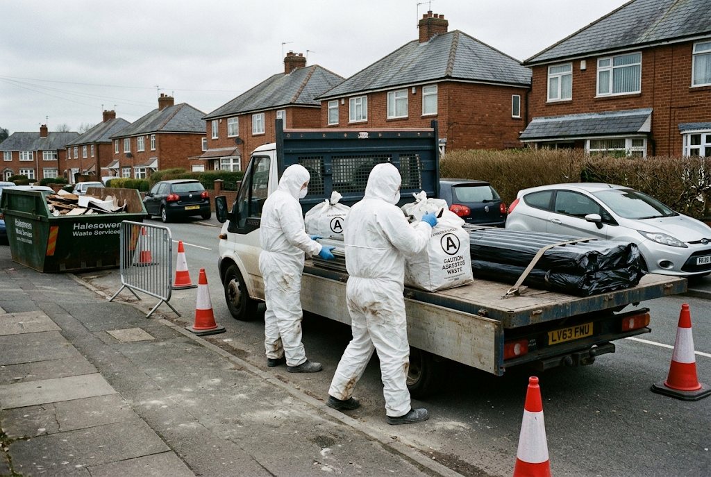 Two operatives in protective suits loading double-wrapped asbestos waste onto a lorry on a Halesowen street