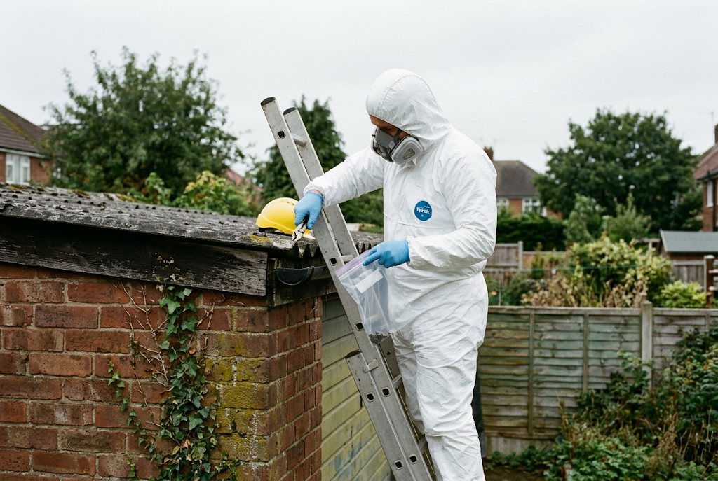 Operative in protective suit on a ladder taking a sample from an old garage roof
