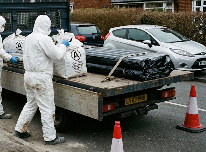 Double-wrapped asbestos waste bags and black-wrapped sheets on a flatbed lorry